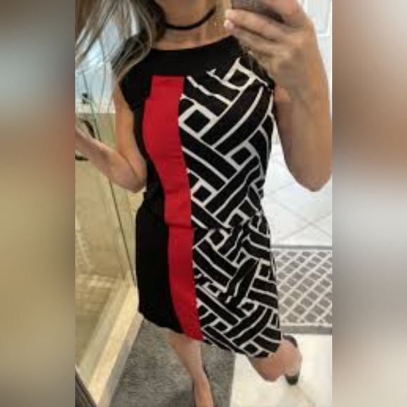 White House Black Market WHBM Black Red Graphic Midi Dress - Picture 3 of 12